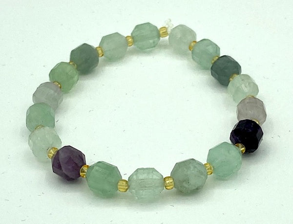 Natural Fluorite Gemstone Faceted Barrels and Gold Beaded Stretch Bracelet