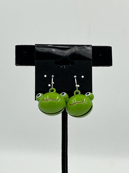 Green Enamel 3D Frog Jingle Bell Sterling Silver Dangle Earrings