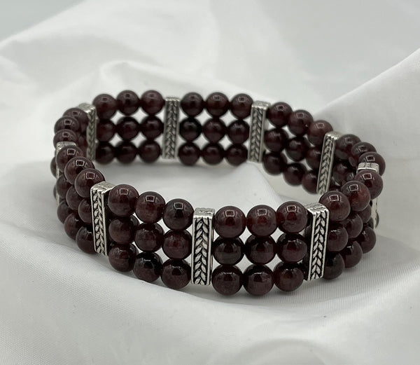 Natural Garnet Gemstone Round and Silvertone 3 Strand Beaded Stretch Bracelet