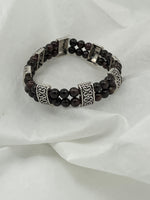 Natural Garnet Gemstone Round and Silver 2 Strand Beaded Stretch Bracelet