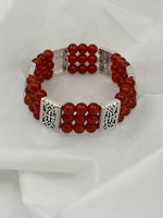 Natural Garnet Gemstone 6MM Round and Silver 3 Strand Beaded Stretch Bracelet