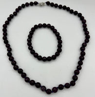 Natural Garnet Gemstone Faceted Round Beaded Necklace and Stretch Bracelet Set