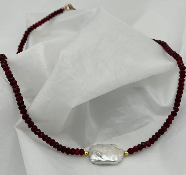 Natural Garnet Gemstone Rondelle & White Square Pearl Beaded Adjustable Necklace