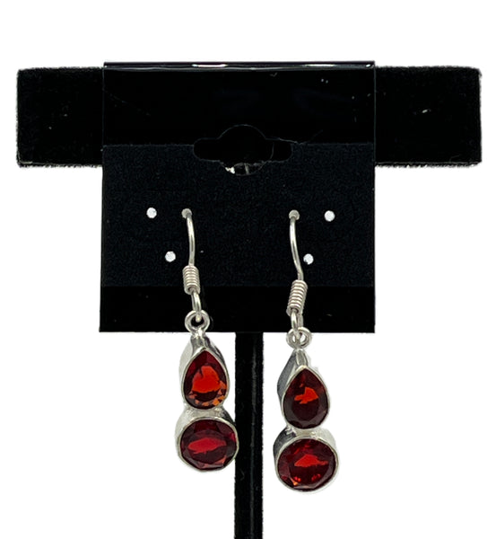 Natural Garnet Gemstone Faceted Teardrop and Round Sterling Silver Dangle Earrings