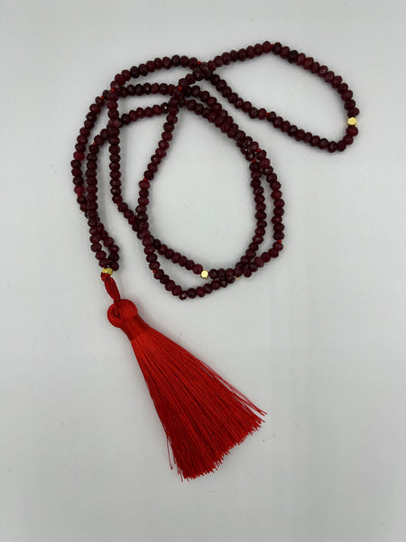 Natural Garnet Gemstone Faceted Rondelle Long Beaded Necklace and Tassel Pendant