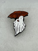 Halloween Ghost With Orange Umbrella Enamel Pin Brooch