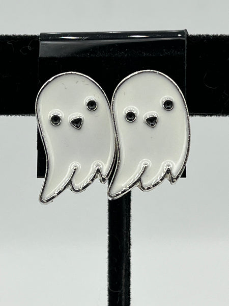 White Enamel Halloween Ghost Silvertone Stud Post Earrings