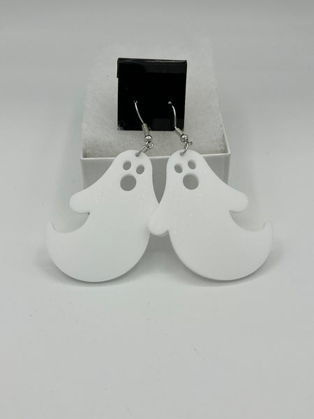 Large White Acrylic Halloween Ghost Shaped Dangle Earrings