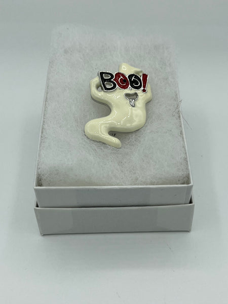 White Enamel Halloween Ghost with Boo Pin Brooch
