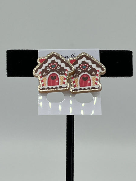 Wood Christmas Gingerbread House Stud Post Earrings