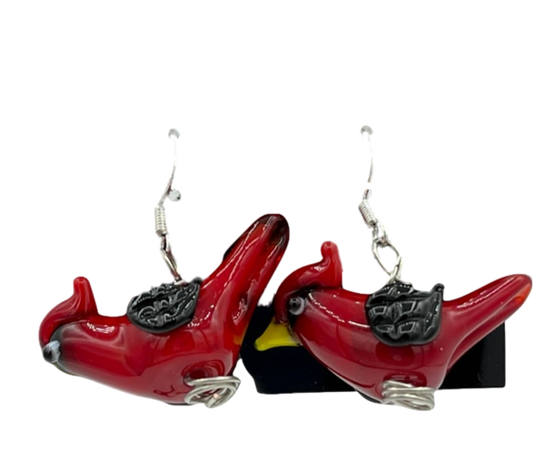 Lampworked Glass 3D Cardinal Sterling Silver Dangle Earrings
