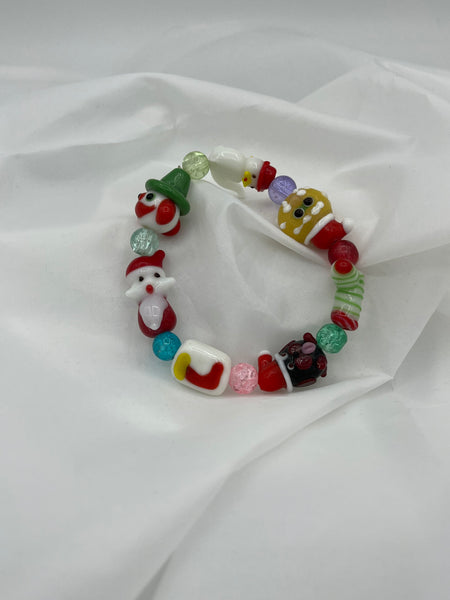 Multicolor Lampworked Glass Christmas Themed Beaded Stretch Bracelet