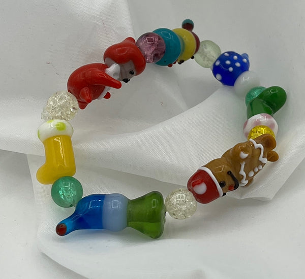 Multicolor Lampworked Glass Beaded Christmas Stretch Bracelet Mouse Gingerbread