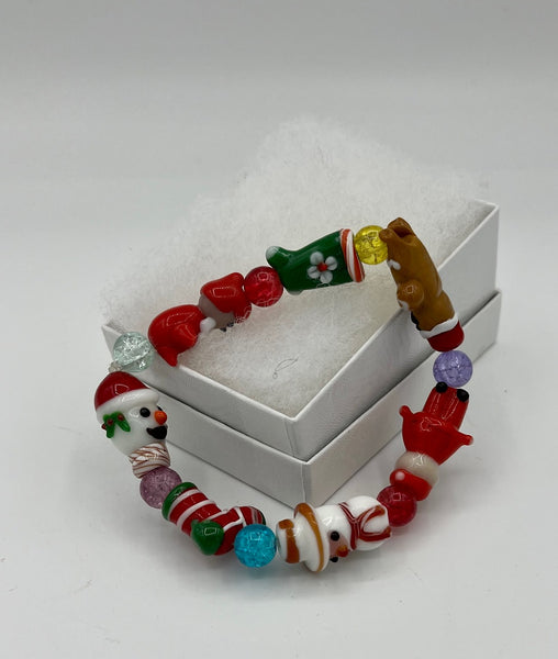 Multicolor Lampworked Glass Christmas Beaded Stretch Bracelet Stocking Santa