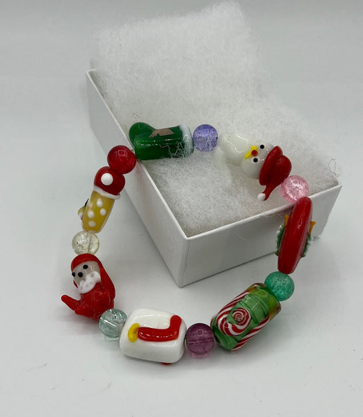 Multicolor Lampwork Glass Christmas Beaded Stretch Bracelet Santa Stocking Wreath