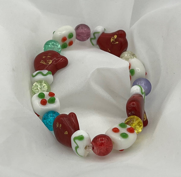 Multicolor Lampworked Glass Mitten and Candy Beaded Stretch Bracelet