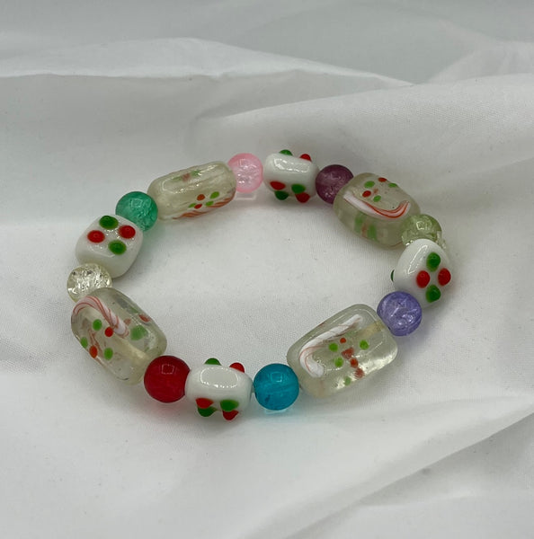 Multicolor Lampworked Glass Christmas Candy Beaded Stretch Bracelet