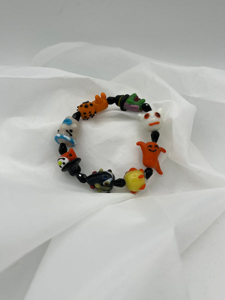Chunky Multicolor Lampworked Glass Halloween Themed Beaded Stretch Bracelet