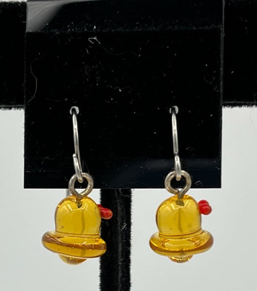 Lampworked Glass Gold and Red Christmas Bell Dangle Earrings