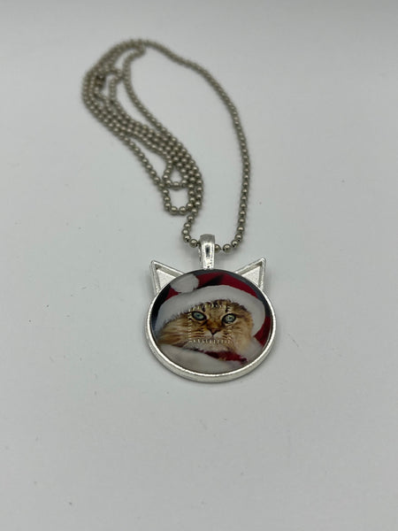 Christmas Kitty Cat in Santa Hat Glass Cabochon Pendant on Silvertone Chain