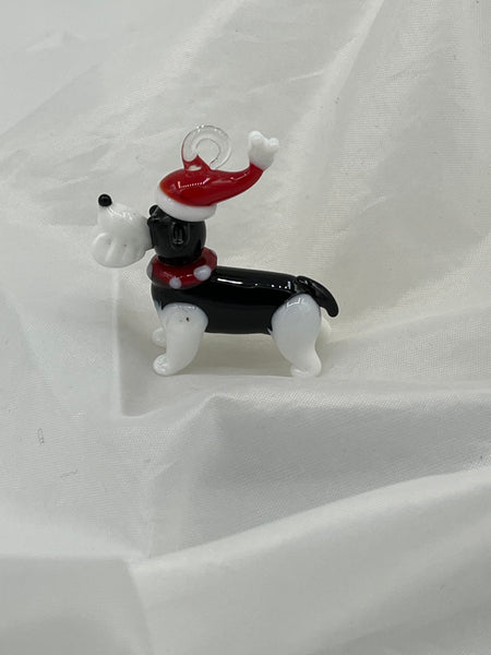 Cute Black and White Lampworked Glass Christmas Santa Dog Pendant