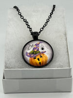Halloween Purple Hat with Pumpkin & Spider Round Glass Cabochon Pendant on Chain