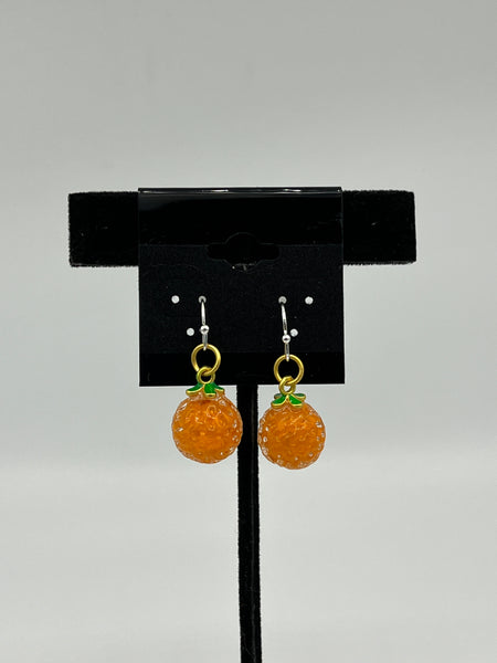 Lampworked Glass 3D Orange Fruit Sterling Silver Dangle Earrings