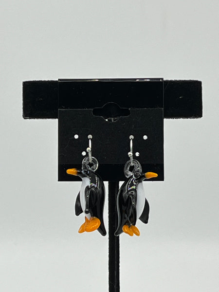 Lampworked Glass 3D Penguin Sterling Silver Dangle Earrings