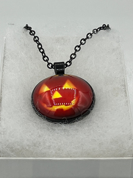 Halloween Grinning Pumpkin Round Glass Cabochon Pendant on Black Metal Chain