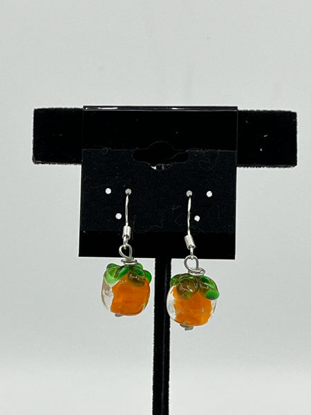 Lampworked Glass Autumn Halloween 3D Pumpkin Sterling Silver Dangle Earrings