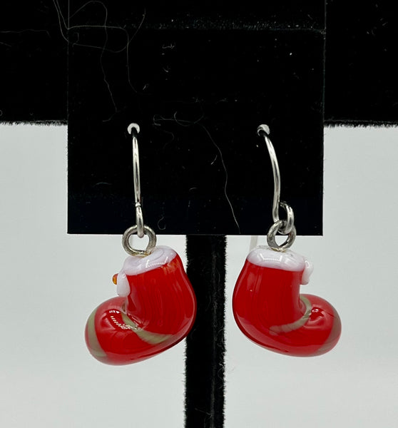 Lampworked Glass Red 3D Christmas Stocking Dangle Earrings