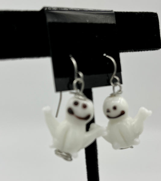 Halloween Lampworked Glass 3d Waving White Ghost Dangle Earrings