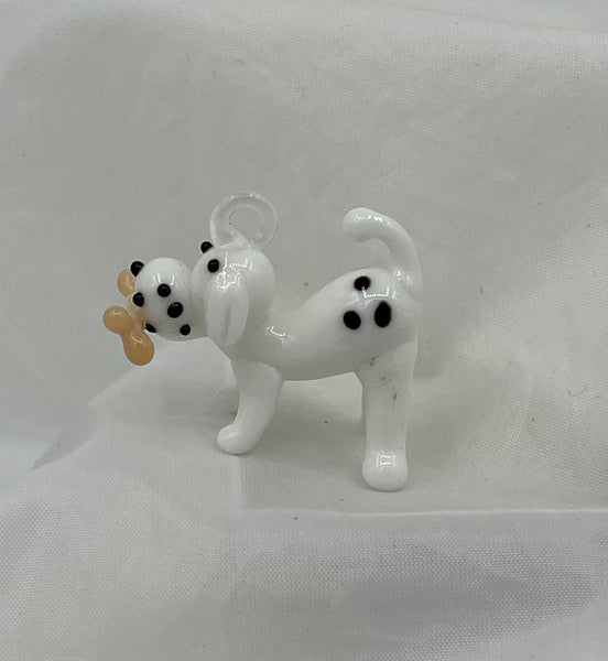 Cute Lampworked Glass Black and White Dog with Bone Pendant Pet Lover Gift