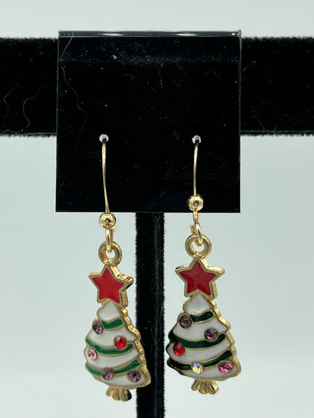 Multicolor CZ and Goldtone Christmas Tree Charm Dangle Earrings