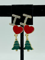 Goldtone Red Enamel and Clear CZ I Heart Christmas Charm Dangle Earrings