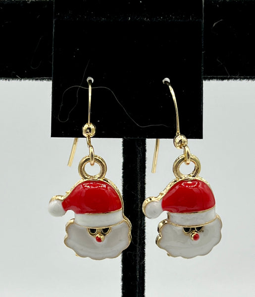 Gold Tone Christmas Santa Claus Head Charm Dangle Earrings