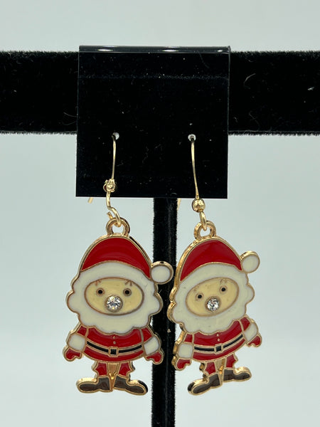 Gold tone Enamel Christmas Santa Claus Charm Dangle Earrings