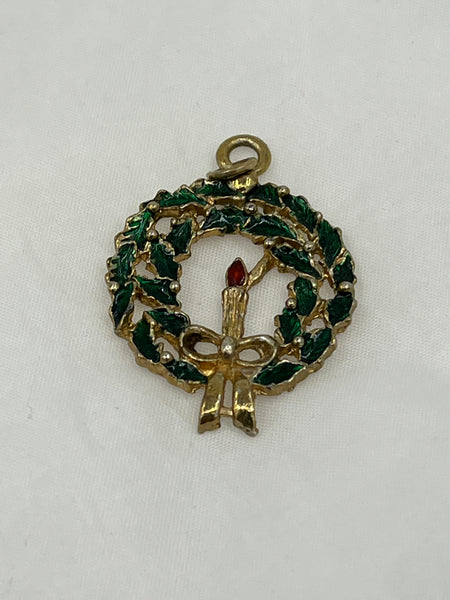 Gold Tone and Green CZ Christmas Wreath with Candle Pendant Stocking Stuffer