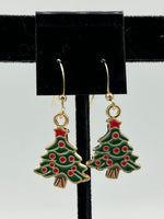 Goldtone and Red Enamel Christmas Tree Charm Dangle Earrings