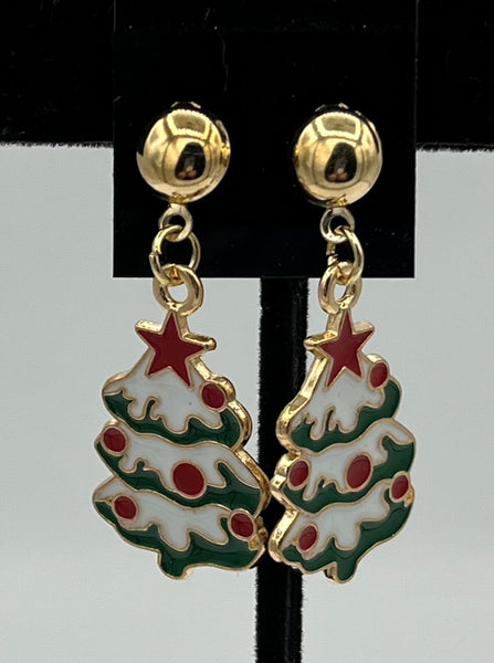 Goldtone and Enamel Green and Red Christmas Tree Charm Dangle Earrings