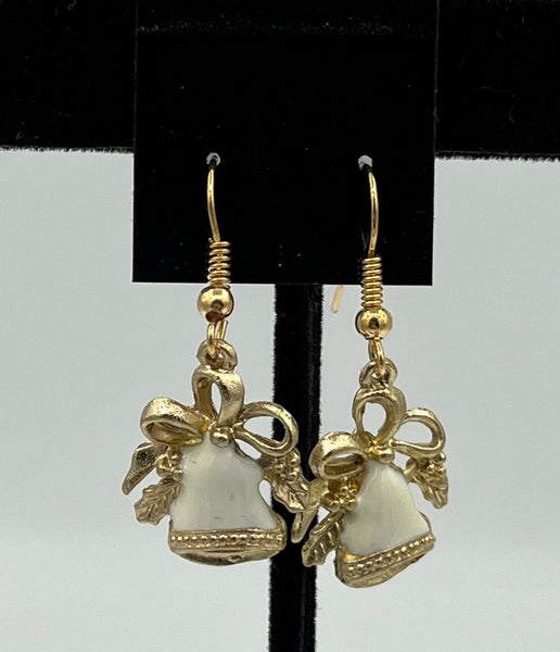 Goldtone and White Enamel Christmas Bell and Ribbon Charm Dangle Earrings