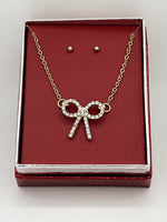 Gold Tone and Clear CZ Bow Pendant on Chain and Ball Stud Earrings