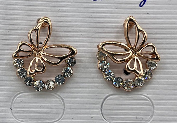 Gold Tone and Clear CZ Butterfly Stud Earrings