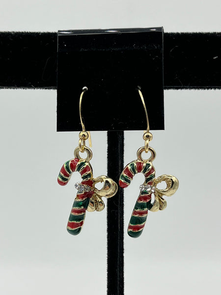 Goldtone Red and Green Enamel Christmas Candy Cane Charm Dangle Earrings