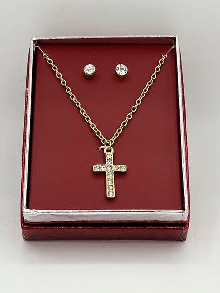 Gold Tone and Clear CZ Cross Pendant on Chain and Round Stud Earrings Set