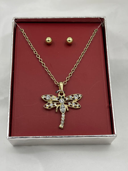 Goldtone and Clear CZ Dragonfly Pendant on Chain Necklace and Ball Stud Earrings