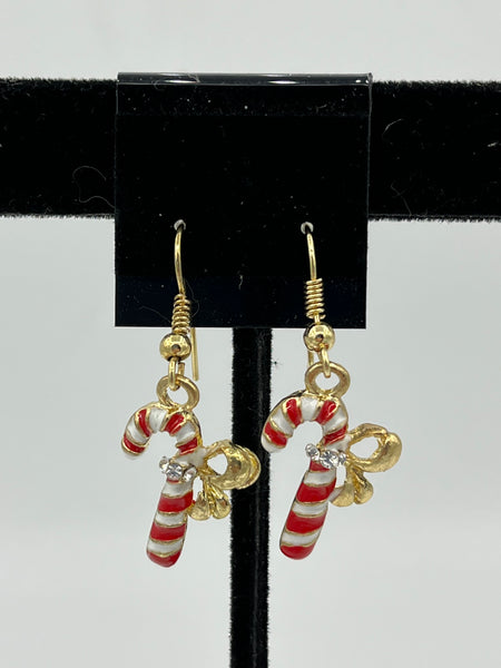 Goldtone Red and White Enamel Christmas Candy Cane Charm Dangle Earrings