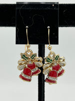 Goldtone Red and Green Enamel and CZ Christmas Bell Charm Dangle Earrings