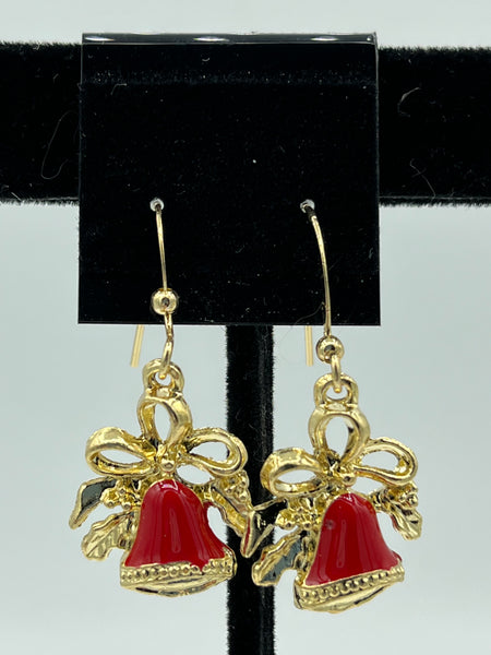 Goldtone Red Enamel Christmas Bell with Bow Charm Dangle Earrings