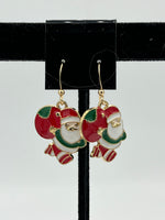 Goldtone Enamel Multicolor Christmas Santa with Toy Bag Charm Dangle Earrings